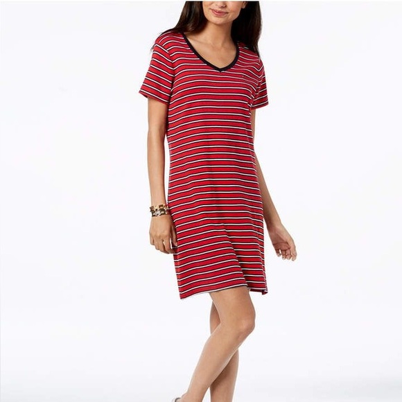 Tommy Hilfiger Striped Ribbed V-Neck T-Shirt Dress - Picture 1 of 2